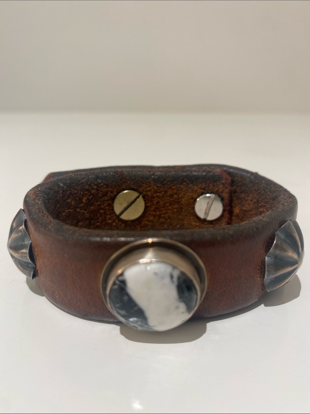 Brown Genuine Leather Bracelet With Zebra Stone And Metal Embellishments